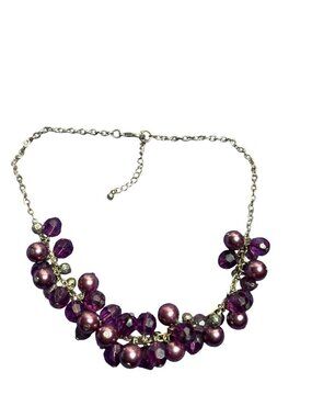 Purple Plastic Bead Cluster Necklace Silvertone Chain 16 - 18 inches Long